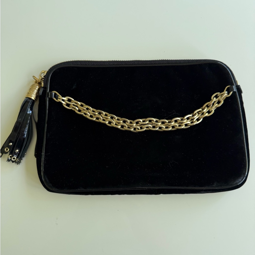 Cole Haan Black Velvet Clutch with Gold Chain